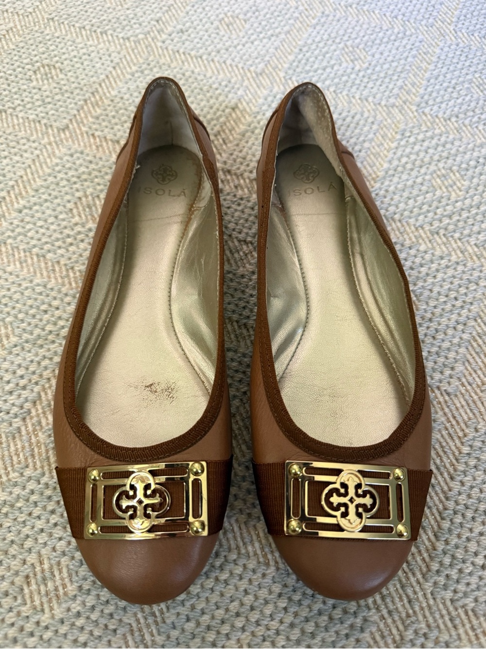 Isola Brown Leather Ballet Flats with Gold Hardware